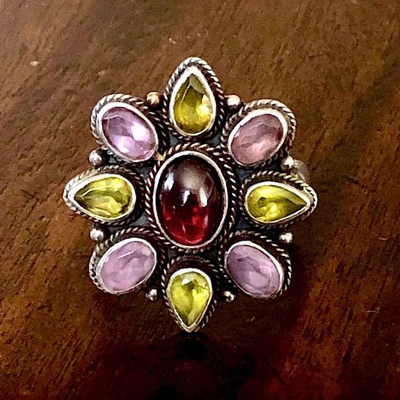 Sterling Silver Amethyst Peridot Garnet Flower Cocktail Ring Vintage - Picture 3 of 6
